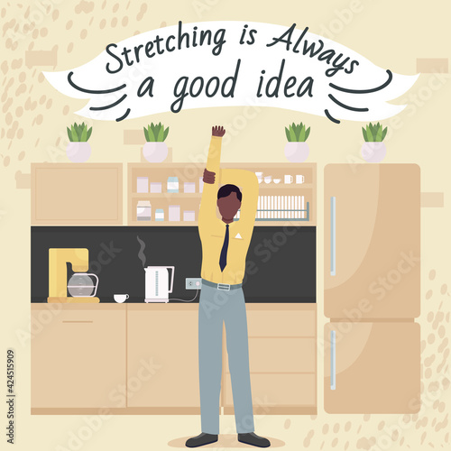 Employee exercise social media post mockup. Stretching is always good idea phrase. Web banner design template. Health booster, content layout with inscription. Poster, print ads and flat illustration