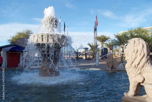 Lake Havasu City, Arizona: Dragon Boundary Marker and lion fountain greet visitors at the lower entrance of the English Village. Havasu has many tributes to London to attract tourism. photo