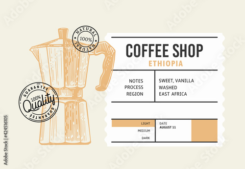 coffee package with text and coffee maker pot. Trademark with hand drawn element