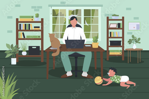Work life balance flat color vector illustration. Professional freelance worker. Employee on quarantine. Cat on table. Father at work desk 2D cartoon character with home office on background