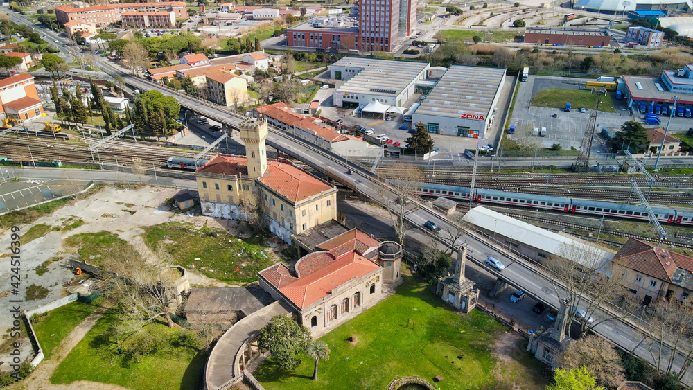 LIVORNO, ITALY - MARCH 13, 2021: Aerial view of Fonti del Corallo and train station