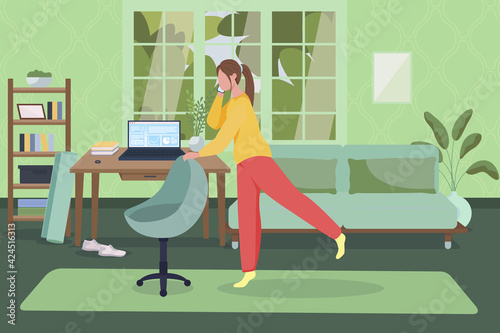 Home office flat color vector illustration. Chair yoga. Aerobics and physical activity during work. Workplace workout. Freelancer talk on phone 2D cartoon character with green interior on background