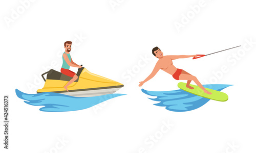 Water Sports Set, Man Water Skiing, Riding Wakeboard and Jet Ski Cartoon Vector Illustration