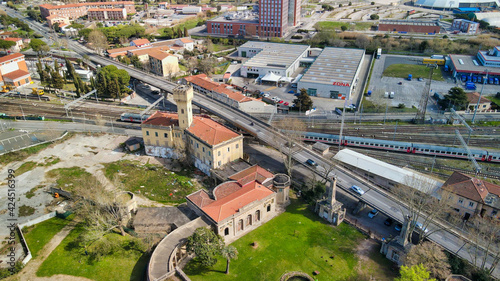 LIVORNO, ITALY - MARCH 13, 2021: Aerial view of Fonti del Corallo and train station