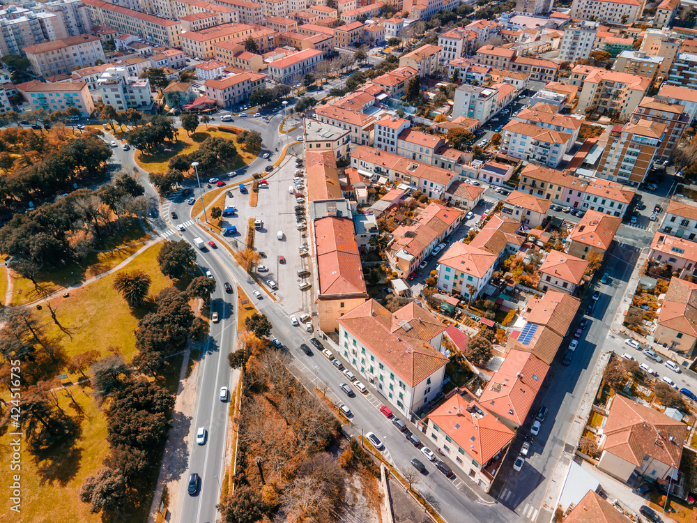Leghorn, Italy. Aerial view of city center from drone