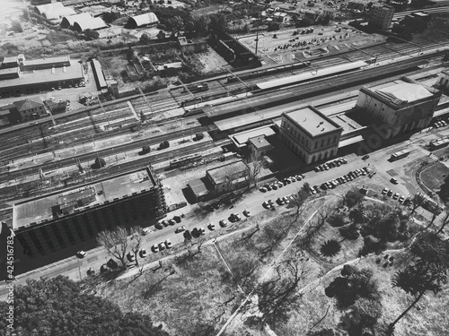 Leghorn, Italy. Aerial view of city center and train station from drone