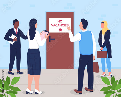 No vacancies flat color vector illustration. Door with sign. Unemployment problem. Loss of work, no jobs for employees. Diverse jobless 2D cartoon characters with corporate office on background