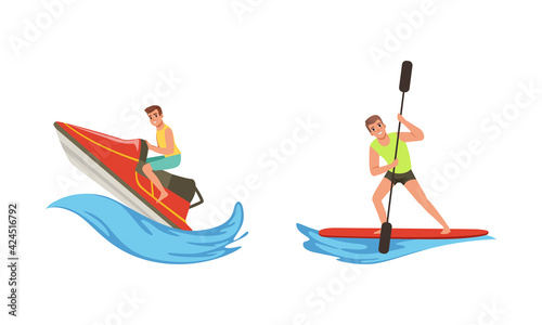 Water Sports Set  Young Men Riding Water Bike and Paddleboarding Cartoon Vector Illustration