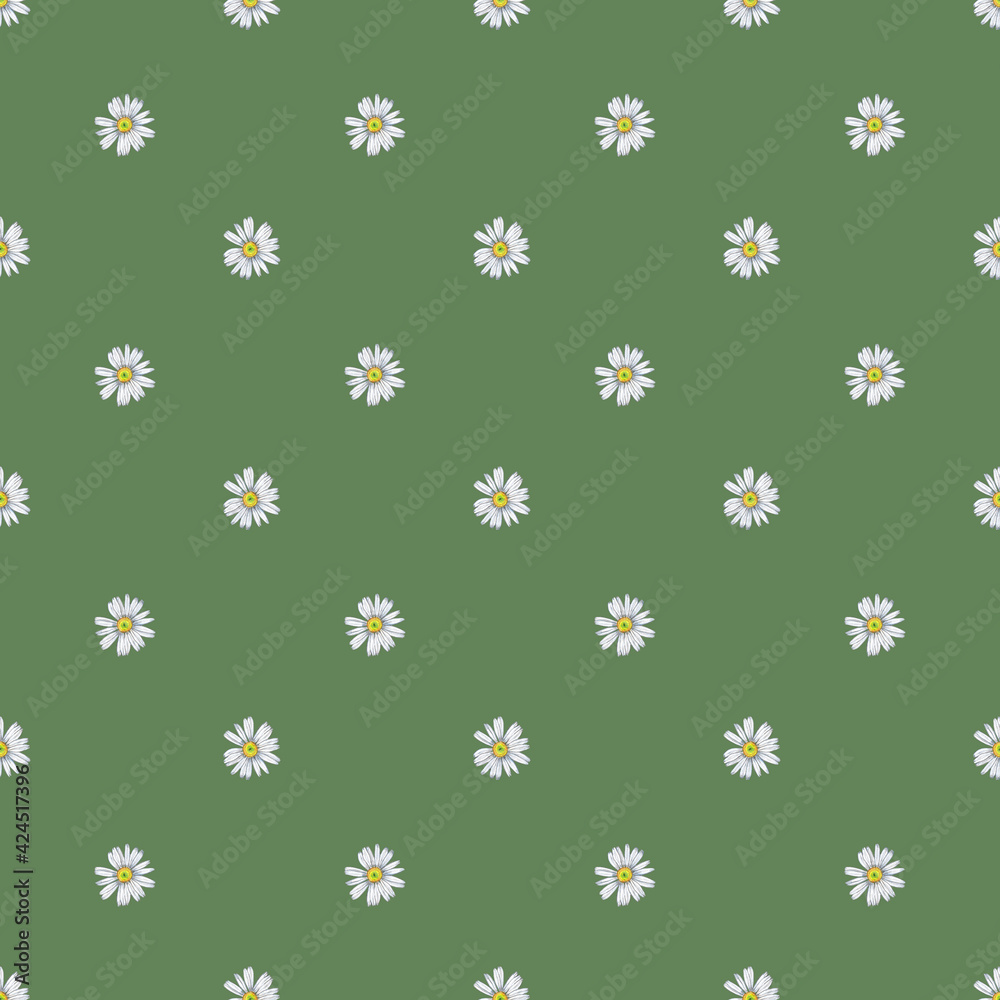 Spring, summer floral seamless pattern of small garden daisy white flowers. Chamomile fabric design. Wall paper decor. Watercolor hand painted isolated elements on green background. Spring, summer floral seamless pattern of small garden daisy white flowers. Chamomile fabric design. Wall paper decor. Watercolor hand painted isolated elements on green background.