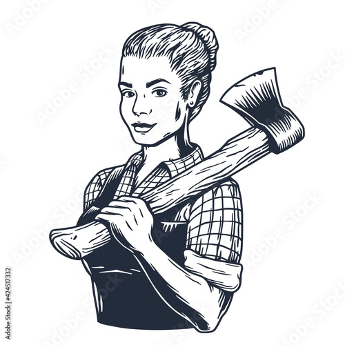 Lumberjack woman of carpenter or female axeman. Woodworker and logger with axe in hand. Monochrome print
