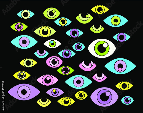 Many cartoon eyes stare out of the darkness. A conceptual illustration of paranoia, hallucinations and delusional perceptions.