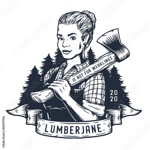 Lumberjack woman of carpenter or female axeman. Woodworker and logger with axe in hand. Monochrome print