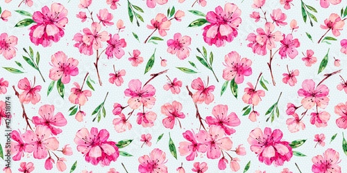 Seamless pattern with pink Apple and Cherry flowers. Botanical hand drawn illustration. Background with spring blooming flowers. Vintage. Texture for fabric, wrapping paper, textile