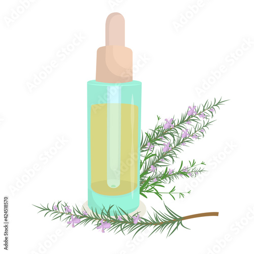 vector illustration of cosmetic oil in a glass bottle with an pipette  with a sprig of rosemary lying next to it