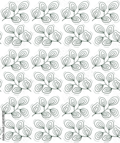 Seamless repeating pattern, five-leafed branch with flowing leaves. Contour dark green objects on a white.