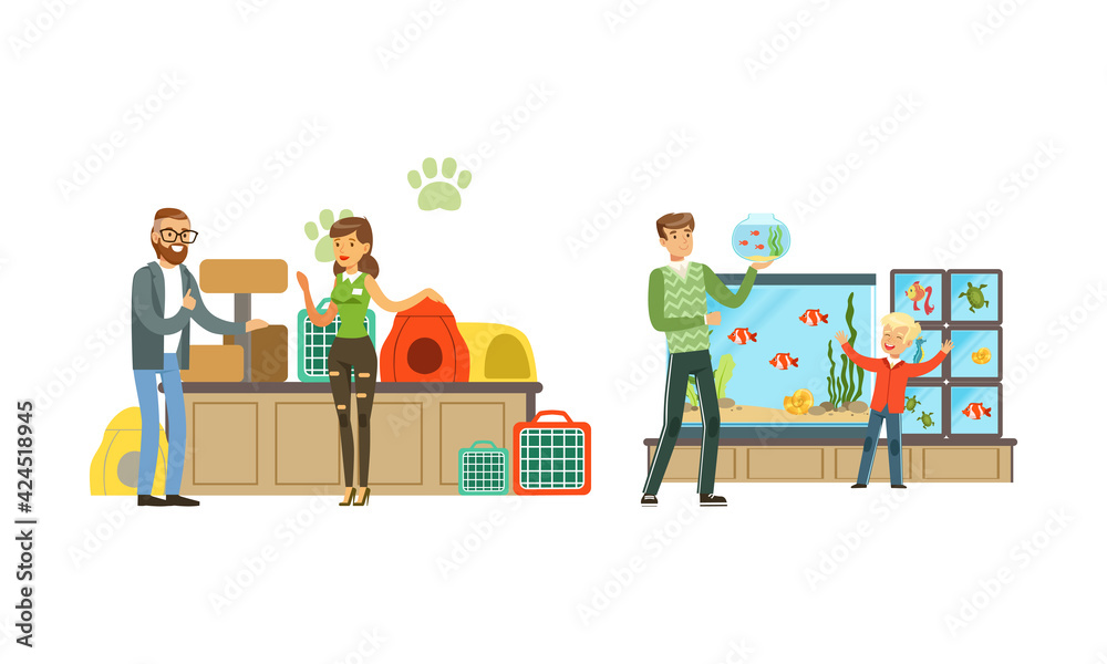 People Shopping in Pet Shop Set, Visitors Buying Animals, Food, Accessories and Medicaments for Their Pets Vector Illustration