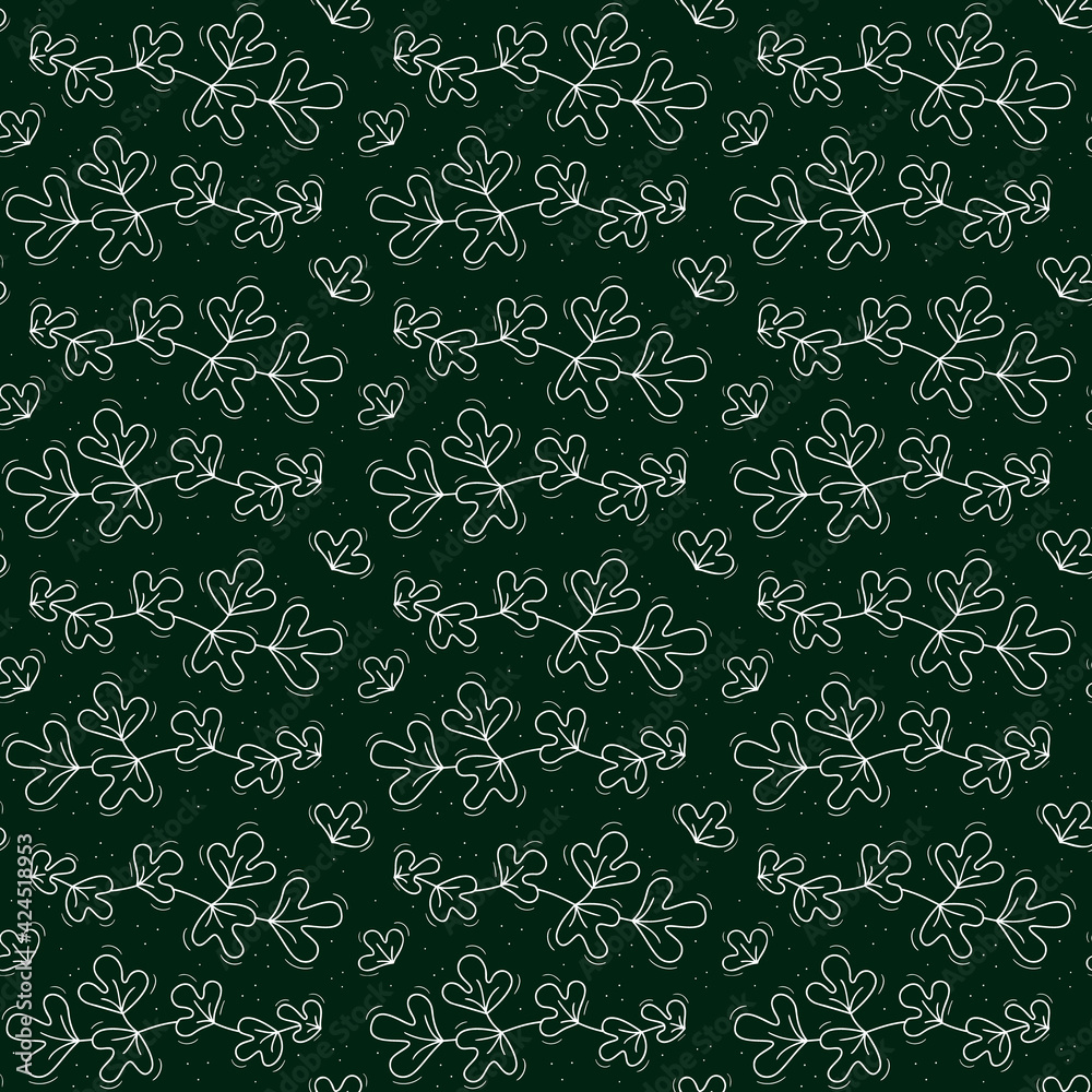 Seamless repeating pattern, bindweed or liana branch with triple leaves. Contour white objects on a dark green.