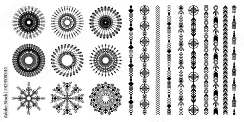 Ethnic hand drawn vector line border set. Boho fashion style pattern. Vector design elements.