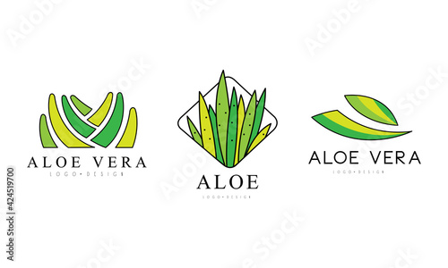 Aloe Vera Logo Set, Organic Products, Cosmetics, Spa, Beauty Salon Green Badge Design Tmeplate Vector Illustration photo