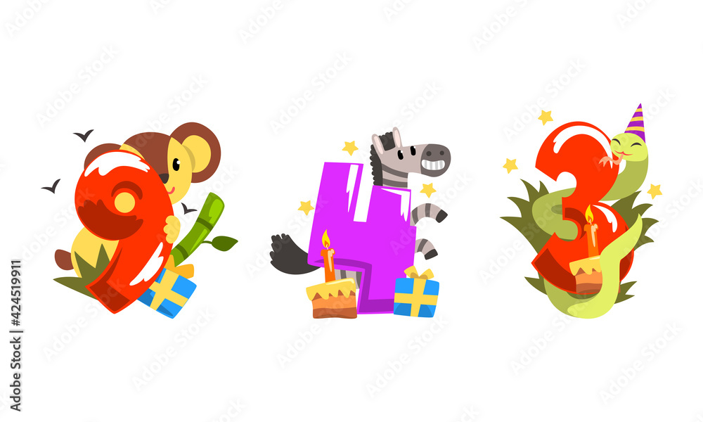 Birthday Anniversary Numbers with Cute Animals Set, Funny Koala, Zebra, Snake with Nine, Four, Three Numbers Cartoon Vector Illustration Birthday Anniversary Numbers with Cute Animals Set, Funny Koala, Zebra, Snake with Nine, Four, Three Numbers Cartoon Vector Illustration