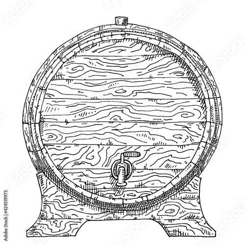 Wooden barrel front view. Vintage hatching monochrome black illustration.