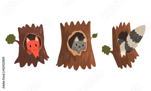 Cute Animals and Birds Living in Tree Hollows Set, Fox, Wolf Peeking Out of Hollow Cartoon Vector Illustration