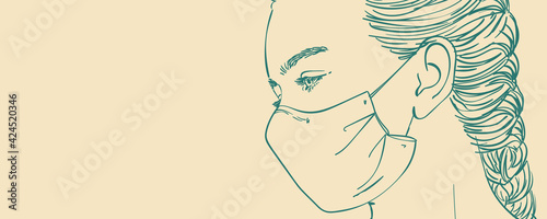 Sketch of sad teenage girl portrait in medical face mask and long hair in braid, Long panoramic banner with space for text, Vector hand drawn illustration