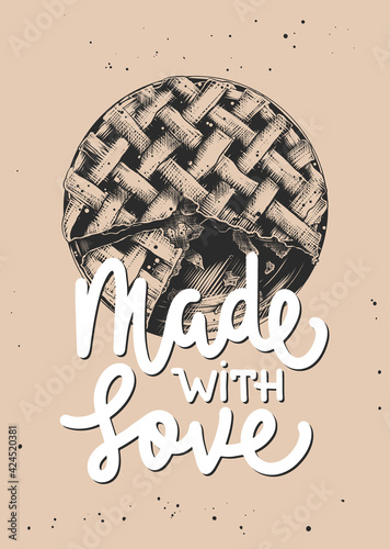 Made with love, modern ink brush monoline calligraphy with engraved sketch of american pie. Handwritten bakery lettering with hearts.