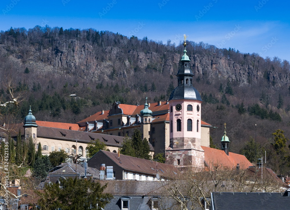 View of the collegiate church in Baden Baden. Seen from the theater. Baden Wuerttemberg, Germany, Europe