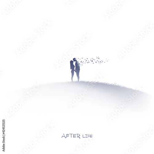 People silhouette in heaven. Death and afterlife. Isolated ink element