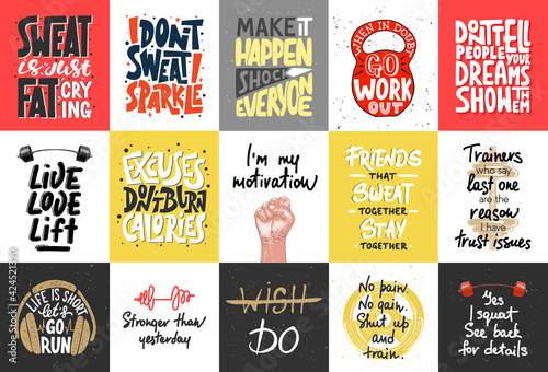 Photo Set of 15 motivational and inspirational lettering posters, decoration, prints, t-shirt design for sport, gym or fitness