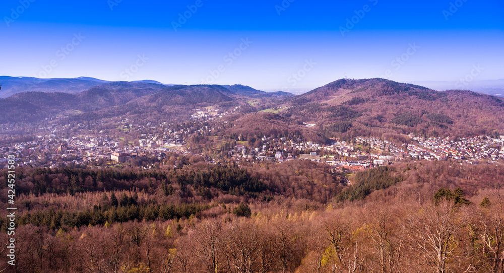 View of the spa town of Baden Baden and the Black Forest. Seen from the battert rock. Baden Wuerttemberg, Germany, Europe