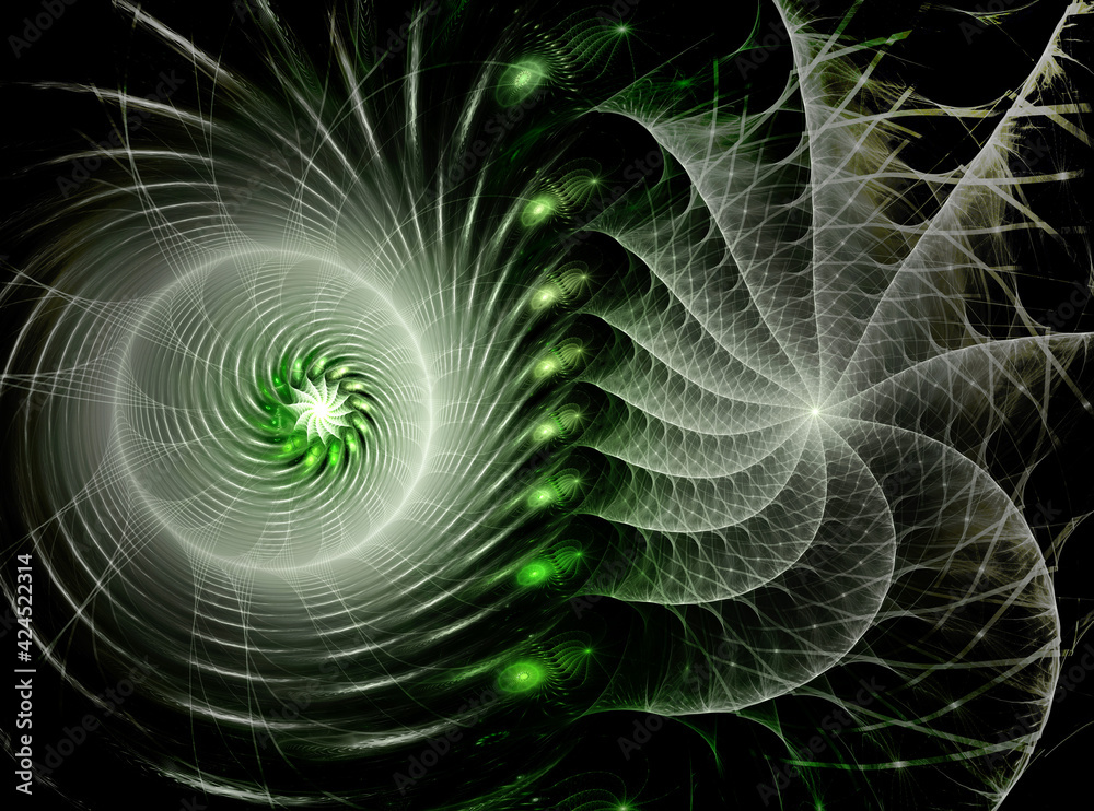 Abstract image. Fractal. 3D. Texture of white spirals on a black background. Graphic element for design.