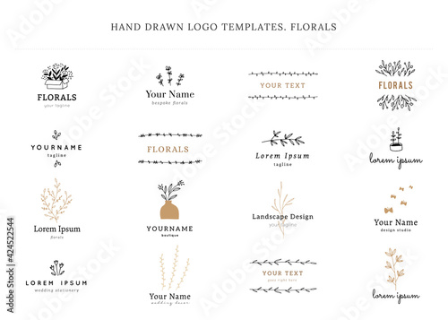 Set of vector hand drawn floral logo templates. Flowers and leaves.
