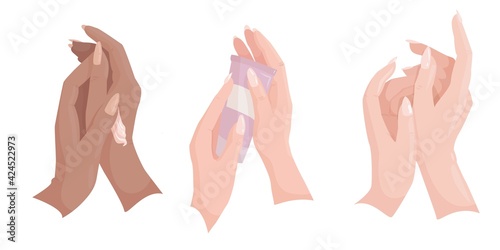 Set Beautiful female hands with manicure. Nail polish. Hand and nail care. Vector illustration isolated on white background.