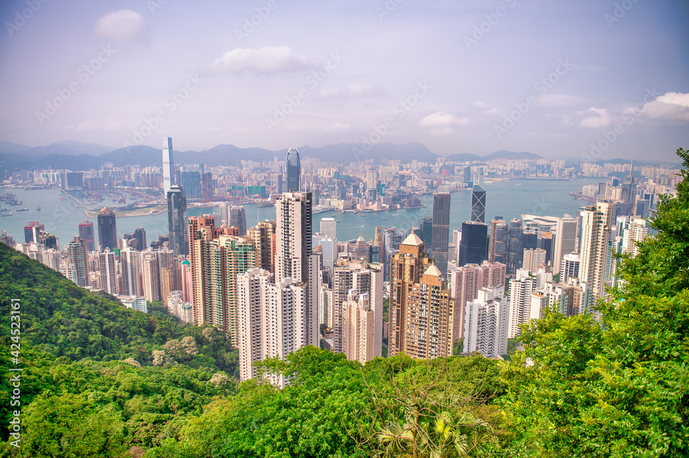 HONG KONG - MAY 2014: Hong Kong skyline from Victoria Peak on a cloudy day