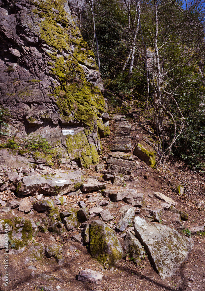 Steep hermit paths on the Battert rocks in Baden Baden. . Baden Wuerttemberg, Germany, Europe Steep hermit paths on the Battert rocks in Baden Baden. . Baden Wuerttemberg, Germany, Europe
