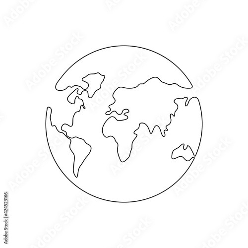 World map one line art. Continuous Earth line drawing symbol. Earth globe hand drawn insignia. Vector illustration isolated on white background