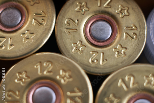 Close-up of 12 gauge shotgun cartridges used for hunting.