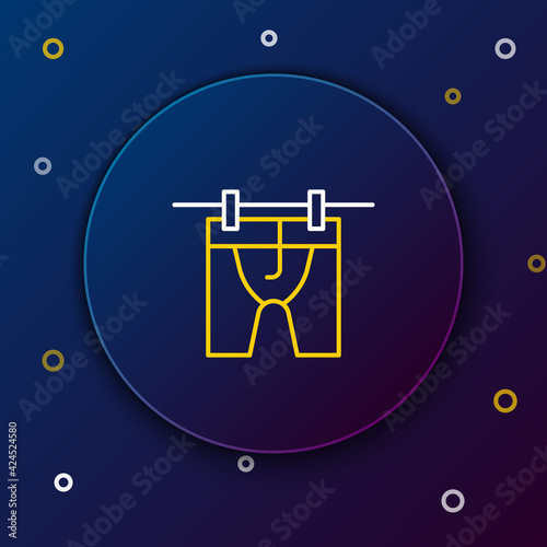 Line Drying clothes icon isolated on blue background. Clean shirt. Wash clothes on a rope with clothespins. Clothing care and tidiness. Colorful outline concept. Vector