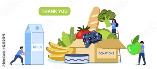 Volunteer collecting food into donation box indoors Group of tiny people collects donations to people in need in a box with canned food, milk, cereals, vegetables Foodstuff to food donations box vecto