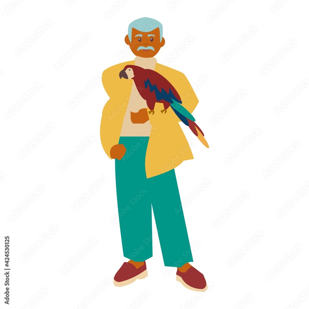 Eldery african american man with parrot Happy pet owner with domestic bird Vector flat illustration