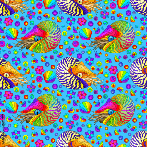 Seamless pattern with bright nautilus, shells and fish, animals on a blue background