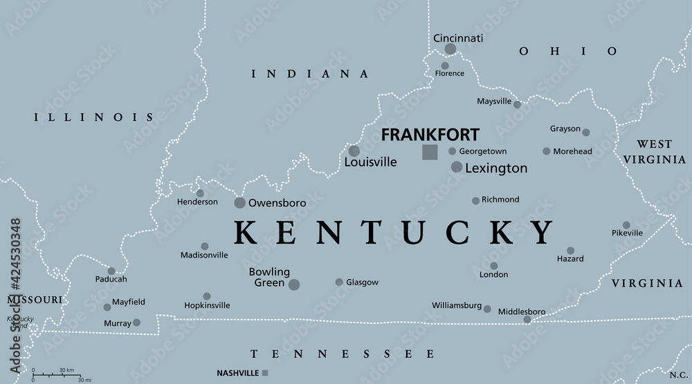 Kentucky, KY, gray political map, with capital Frankfort and largest cities. Commonwealth of 