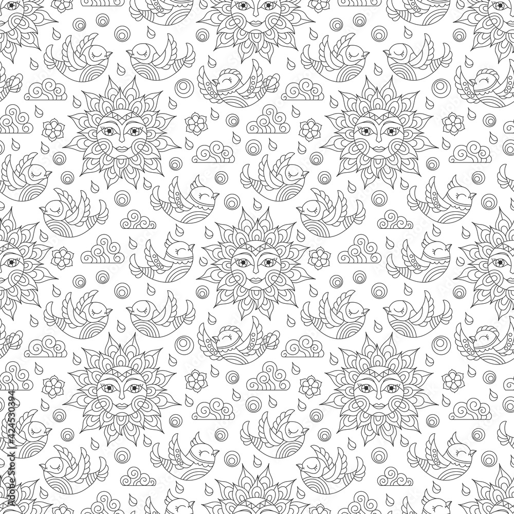 Seamless pattern with contour suns, clouds and birds, dark outlines on a white background Seamless pattern with contour suns, clouds and birds, dark outlines on a white background