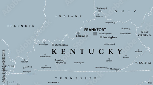 Kentucky, KY, gray political map, with capital Frankfort and largest cities. Commonwealth of Kentucky. State in Southeastern region of United States of America. Bluegrass State. Illustration. Vector. photo
