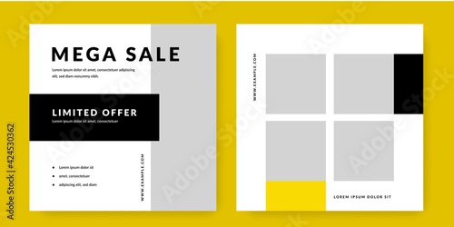 Minimal social media layouts with black and yellow accent, square banners for instagram and facebook with place for photos, clean business design for e-shop or vendors
