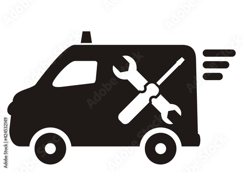 Service car, black silhouette of van with white tool, vector icon