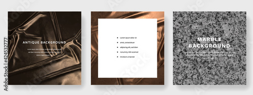 Social media temaplates with copper and marble rumpled background, vector square banner for instagram and facebook