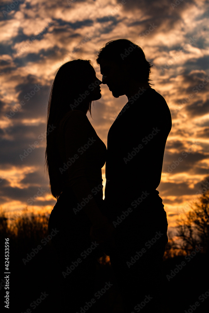 Silhouette of romantic couple in love, man and women in sunset sky. Romantic of relationships between couple love in the garden